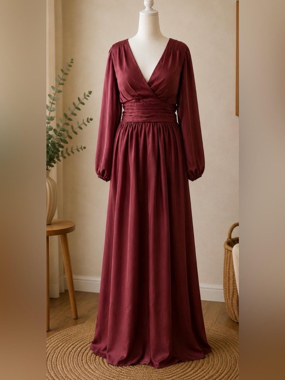 NWOT Burgundy Empire Waist Maxi Dress Long Sleeve Formal Gown Size 14